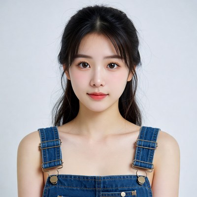 Asian woman in blue overalls