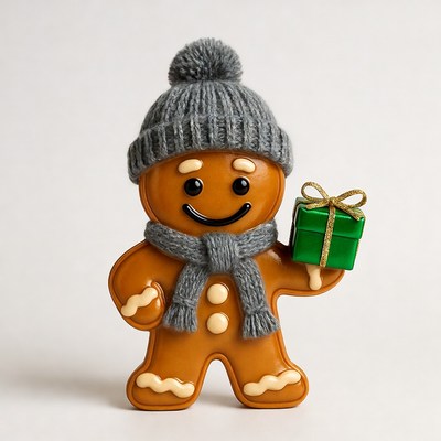 Gingerbread man holding green gift