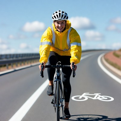 Woman cycling on road in yellow jacket