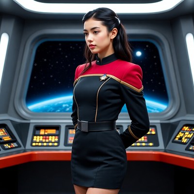 Asian woman in Star Trek uniform on spaceship