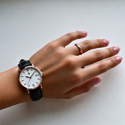 Woman's hand wearing black leather watch