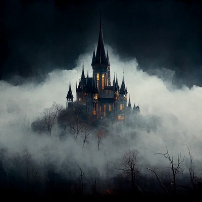 Gothic Castle in Foggy Night
