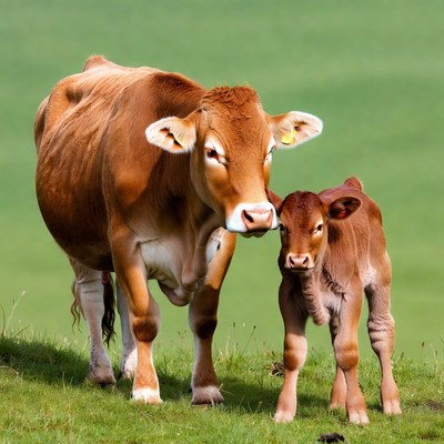 Mother Cow and Calf in Grass