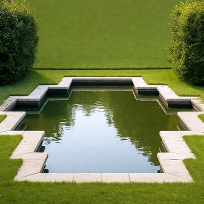 Rectangular stone pool in lush garden