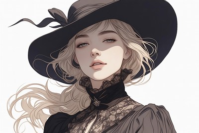 Blonde woman in black hat and lace dress