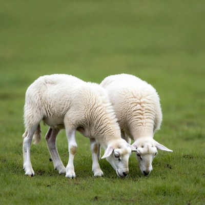 Two white sheep grazing grass
