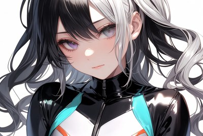 Anime girl with heterochromia in shiny bodysuit