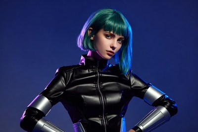 Woman in black futuristic jacket with teal hair
