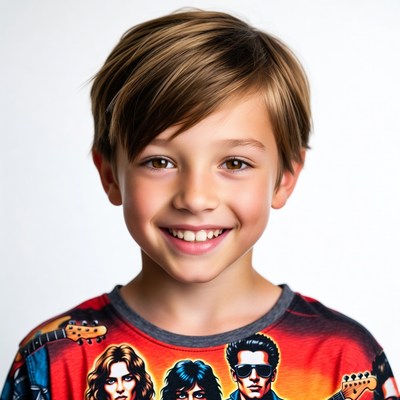 Boy smiling in rock band t-shirt
