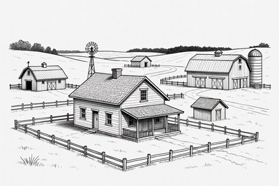 Farmhouse Barns Windmill Illustration