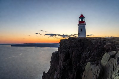 Red White Lighthouse on Cliff at Sunset