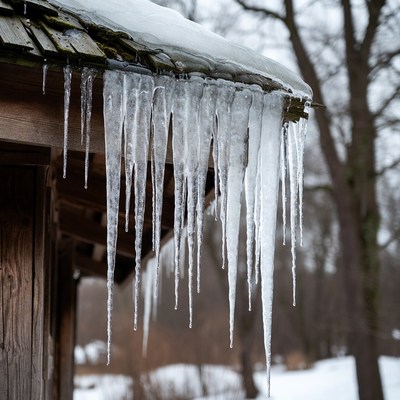 Icicles Hanging from Snowy Wooden Roof