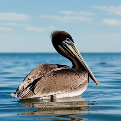 Brown pelican swimming in blue water