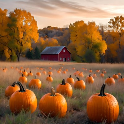 Red Barn in Pumpkin Patch at Sunset