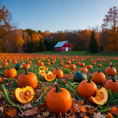 Pumpkin Patch with Red Barn