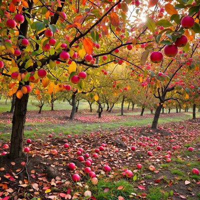 Autumn Apple Orchard with Fallen Fruits
