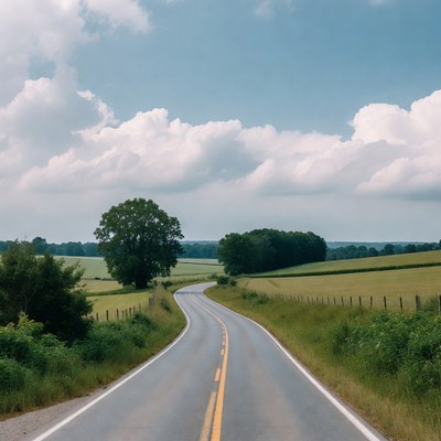 Curvy rural road through green fields