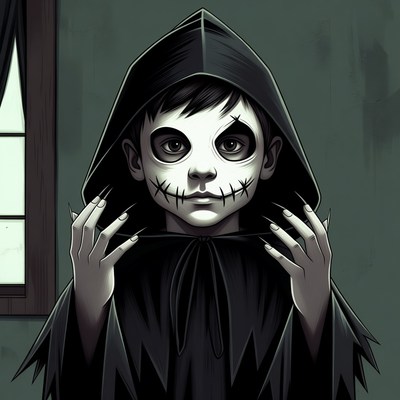 Boy with skull face paint in black hood