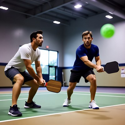 Two men playing pickleball indoors