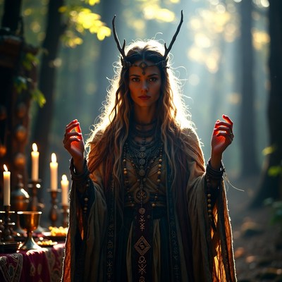 Woman with antlers holding candles in forest