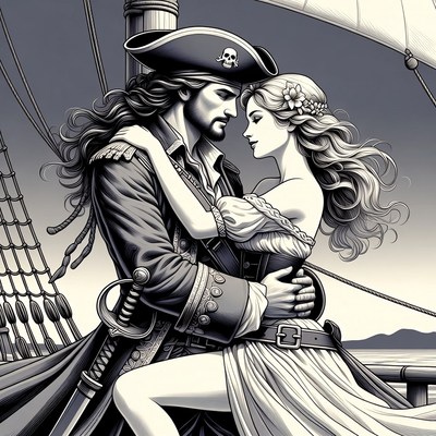 Pirate embracing woman on ship