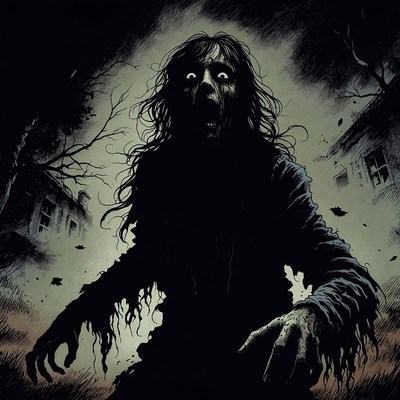 Terrifying zombie woman in dark graveyard