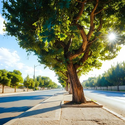 Tree-lined street with sunlight