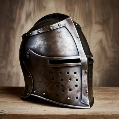 Medieval Knight Helmet on Wood