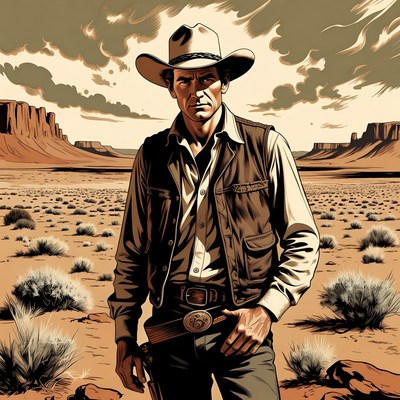 Cowboy standing in desert landscape