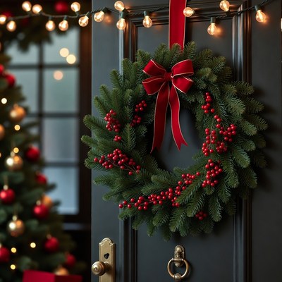 Christmas Wreath on Dark Door