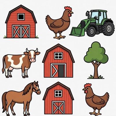 Farm Animals Barn Tractor Clipart