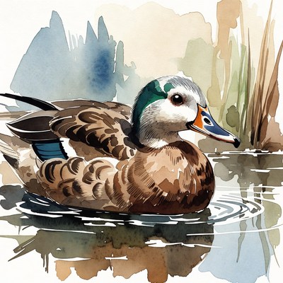 Watercolor mandarin duck swimming