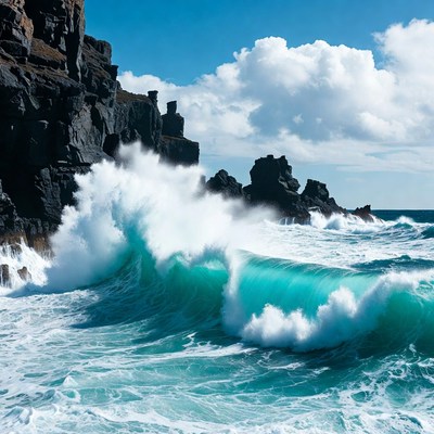 Massive waves crashing on rocky cliffs