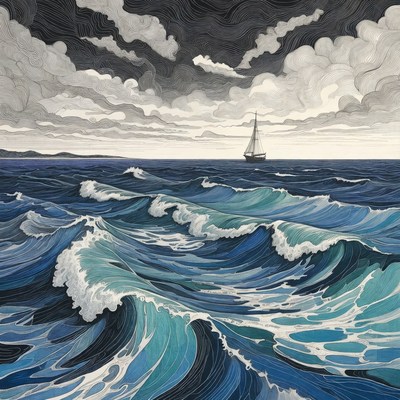 Sailboat in Stormy Ocean Waves