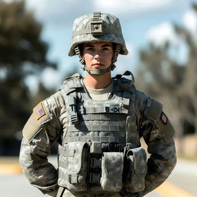 Female soldier in camouflage uniform