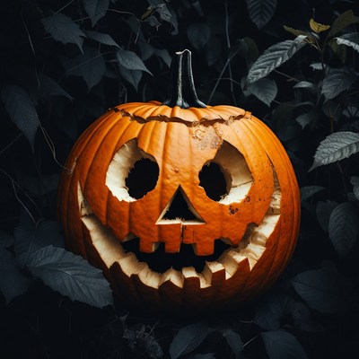 Jack-o'-lantern in dark foliage