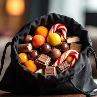Black bag overflowing with candies