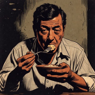 Man eating rice with fork