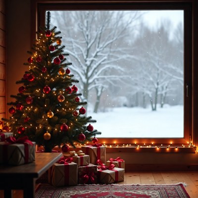 Christmas tree with gifts by snowy window