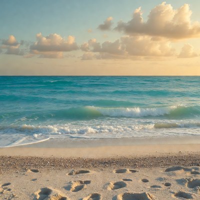 Footprints in sand at turquoise ocean sunset
