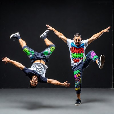 Two men breakdancing on black background