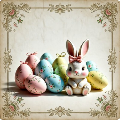 Cute white bunny with Easter eggs