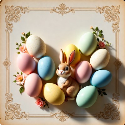 Easter Bunny Surrounded by Colored Eggs