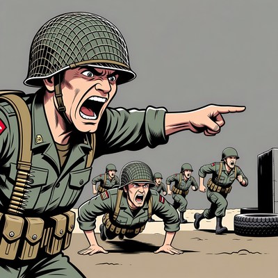 Angry Soldier Commanding Troops in Training