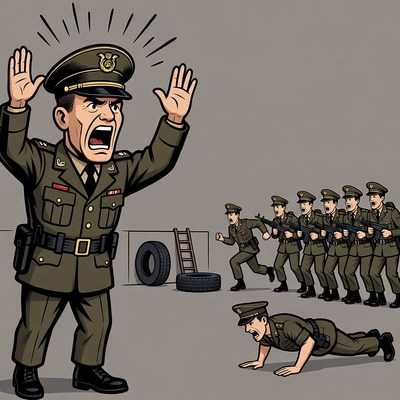 Angry officer shouting at soldiers training