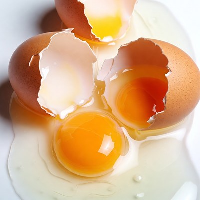 Broken Eggs with Yolks on White Surface