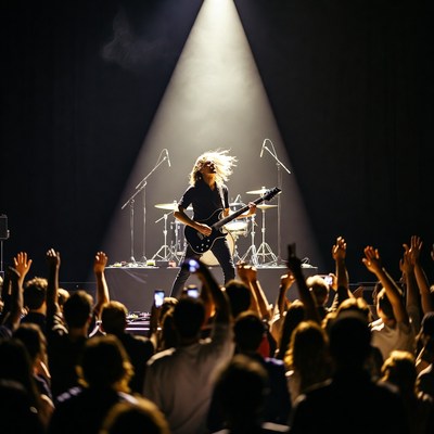 Blonde woman rocking guitar on stage