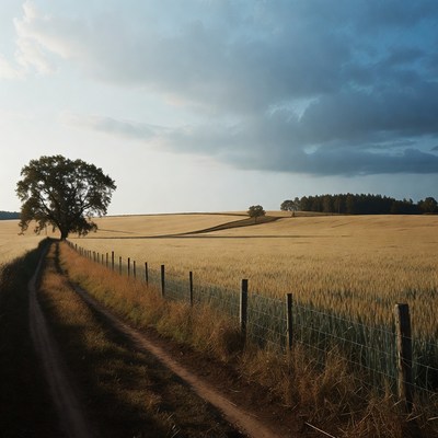Dirt path through golden wheat field