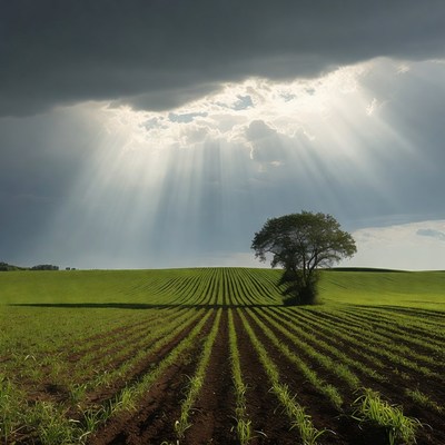 Sun rays over plowed field and tree