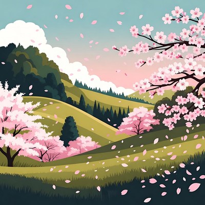 Cherry Blossom Landscape Illustration